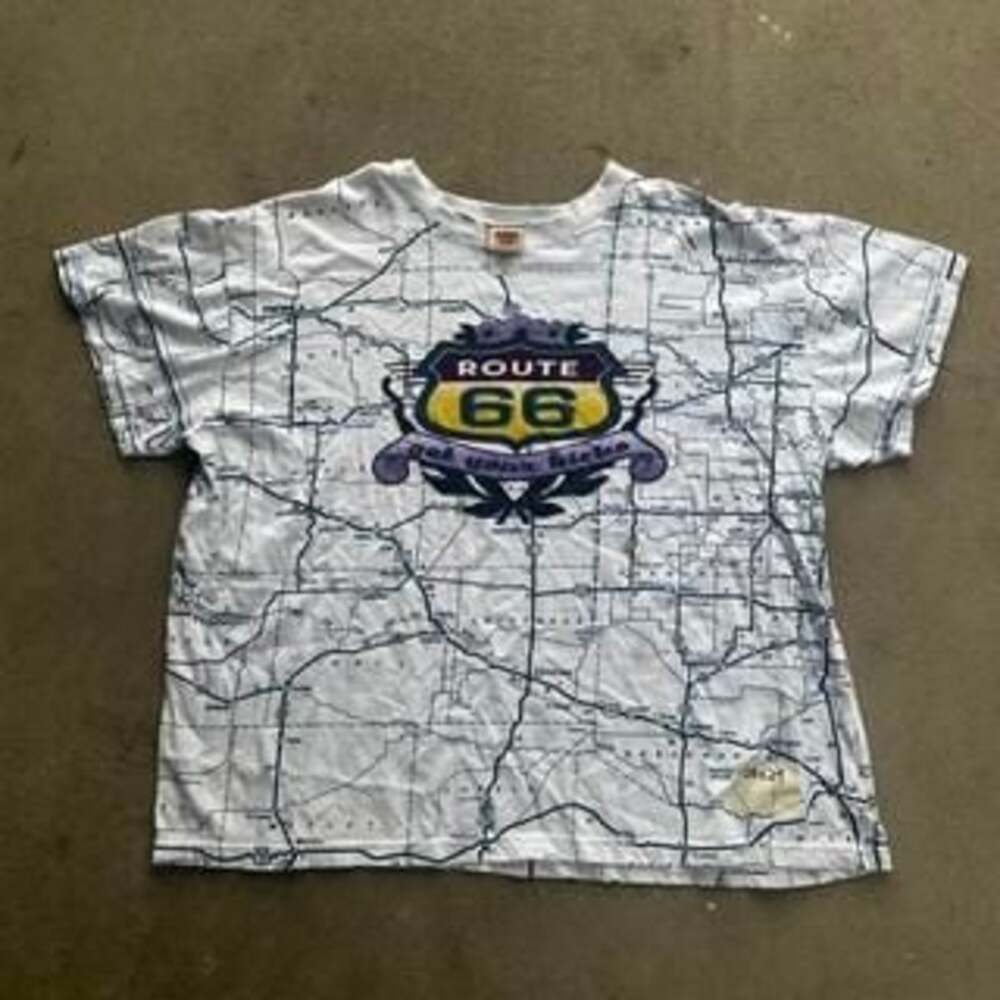 Vintage Route 66 White Map Print T-Shirt - 'Get Your Kicks' Graphic, Size XXL